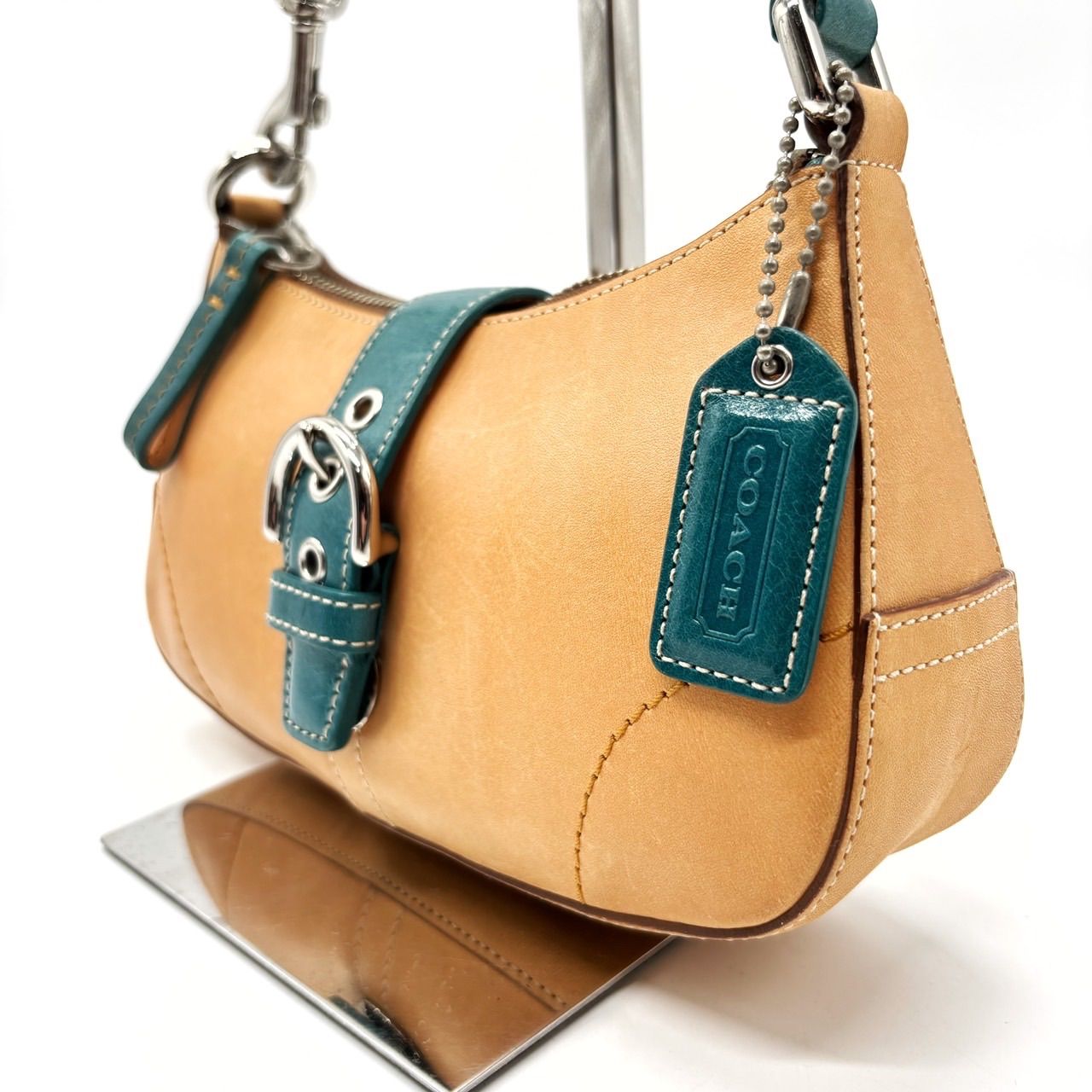 COACH Y 2 K beige green leather bi-color belt design shoulder bag コーチ ショルダーバッグ