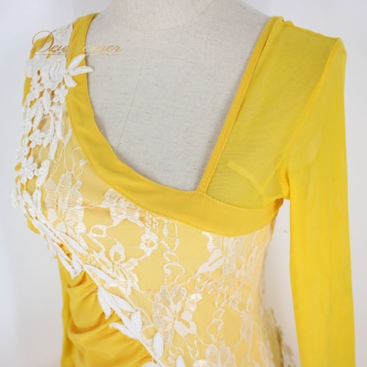 社交ダンス 衣装 ドレス ワンピース レッスンウェア パーティ衣装 Leirena レイリーナ 黄色 白 イエロー系 ホワイト系 長袖 フェミニン レース ポリエステル ドレスアップ パーティー 女性用 カジュアル 体型カバー 輝く