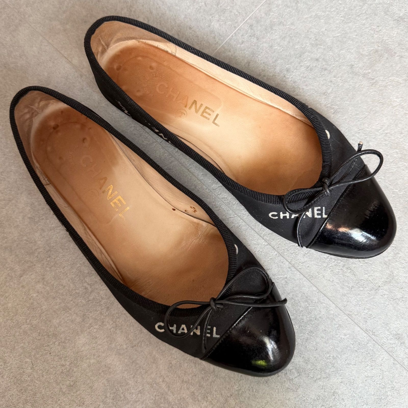 CHANEL シャネル リボンバレエシューズ フラットシューズパンプス キャンバス レザー 37 24 cm ブラック 黒