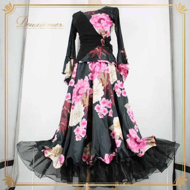 社交ダンス 衣装 上下セット ツーピース レッスンウェア パーティ衣装 ICHIOKU イチオク 黒 ブラック系 ピンク系 派手 フラワー柄 伸縮性 ボリューム 二重スカート エレガント おしゃれ 女性用 ダンスウェア スポーツウェア