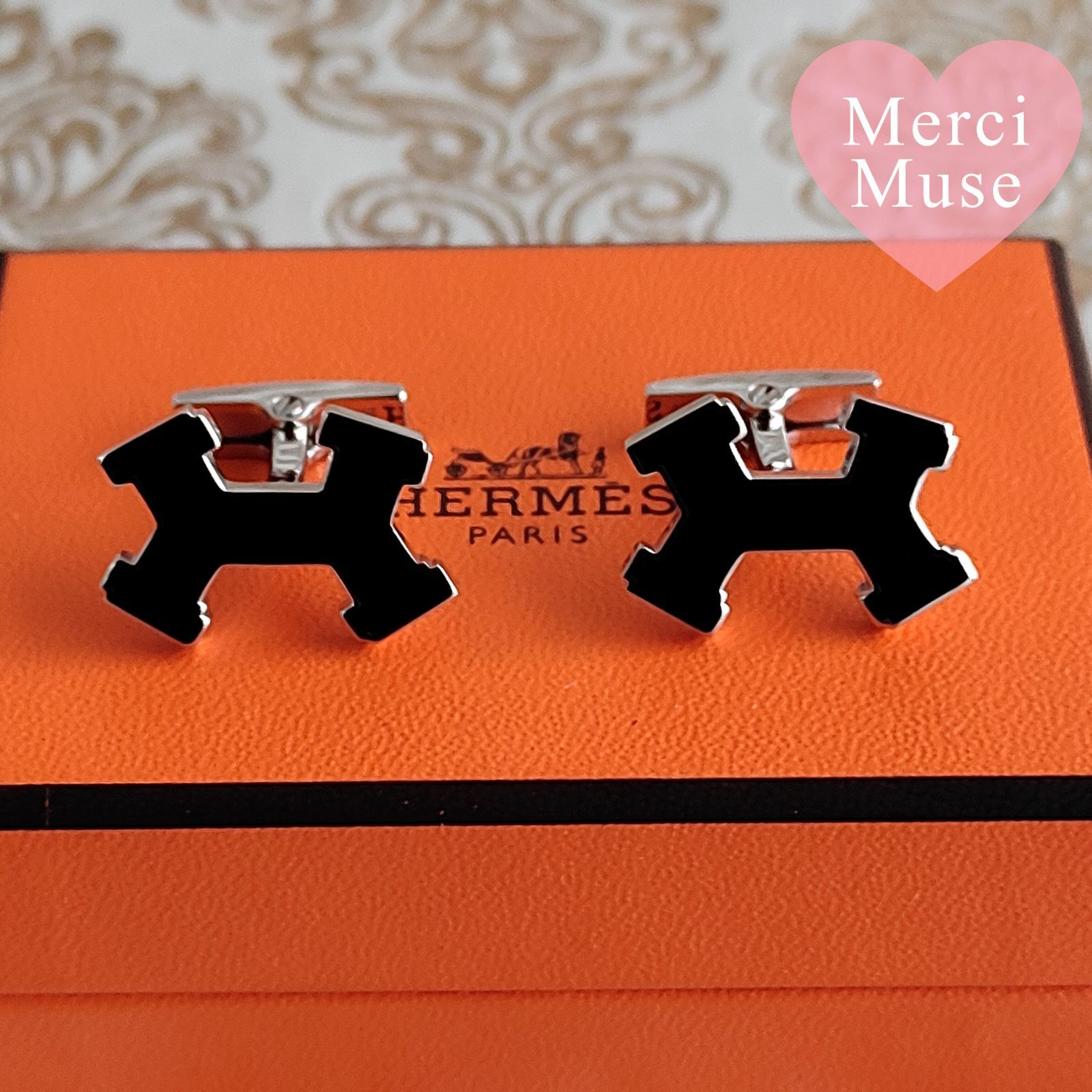 なお品 ストリートH カフス ブラックーｘシルバー金具 エルメス き ベージュ系 カフリンクス 