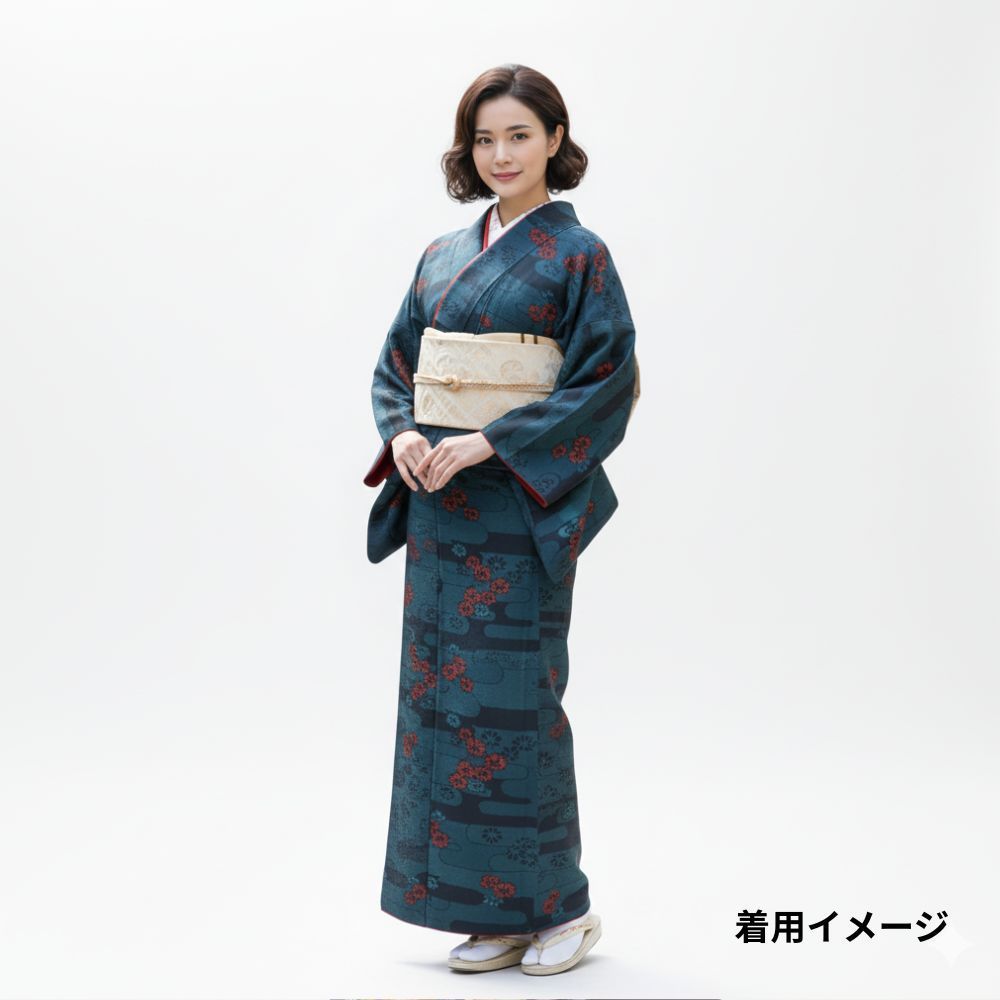 大島紬 袷 正絹 リユース エ霞文に赤い花 109-03-11 8050-00521