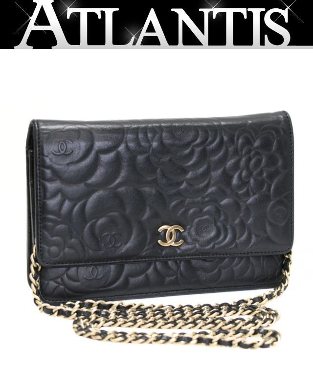 シャネル CHANEL カメリア チェーンウォレット ラム 黒 16番台 【72752
