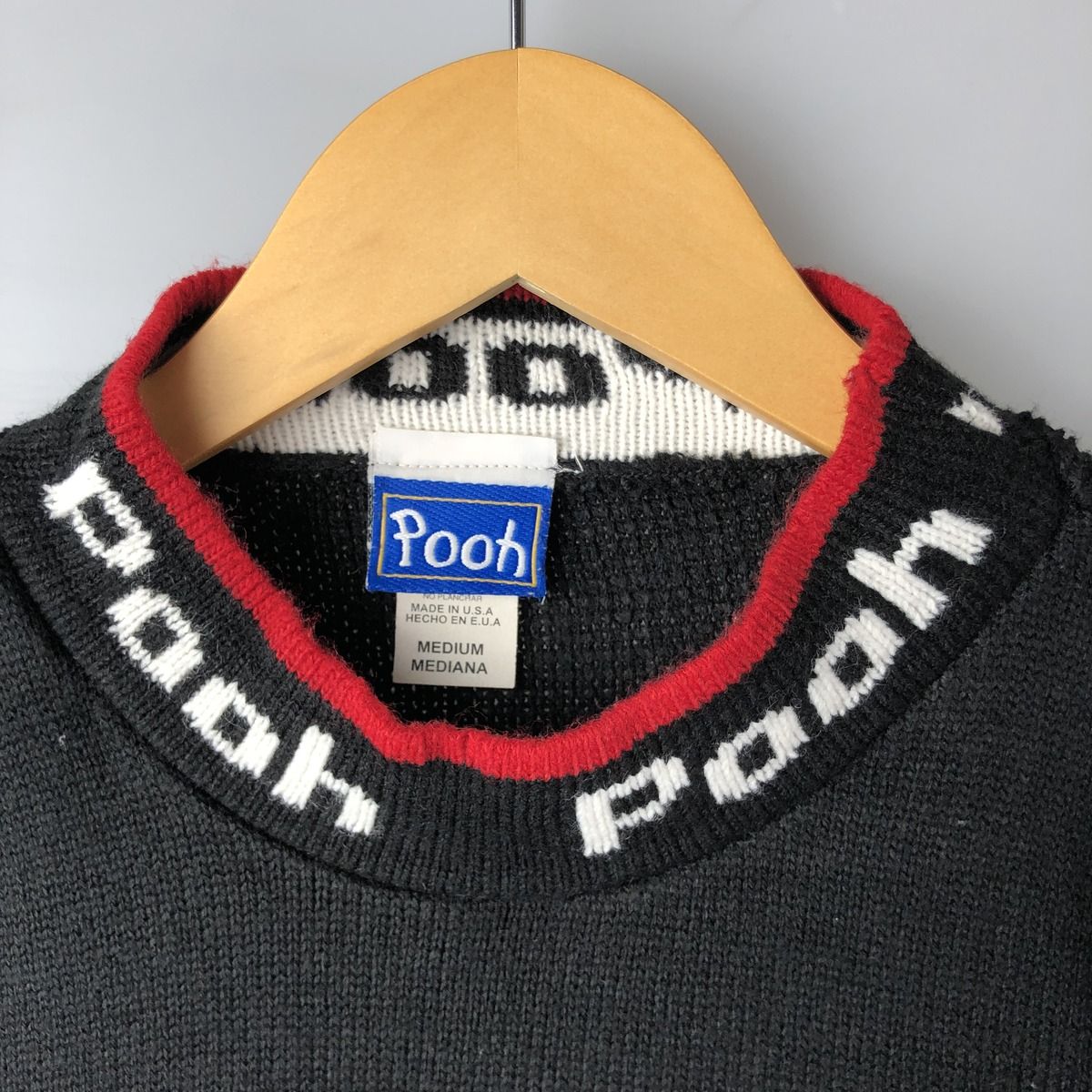 古着 90年代 POOH くまのプーさん 総柄 モックネック アクリルニット