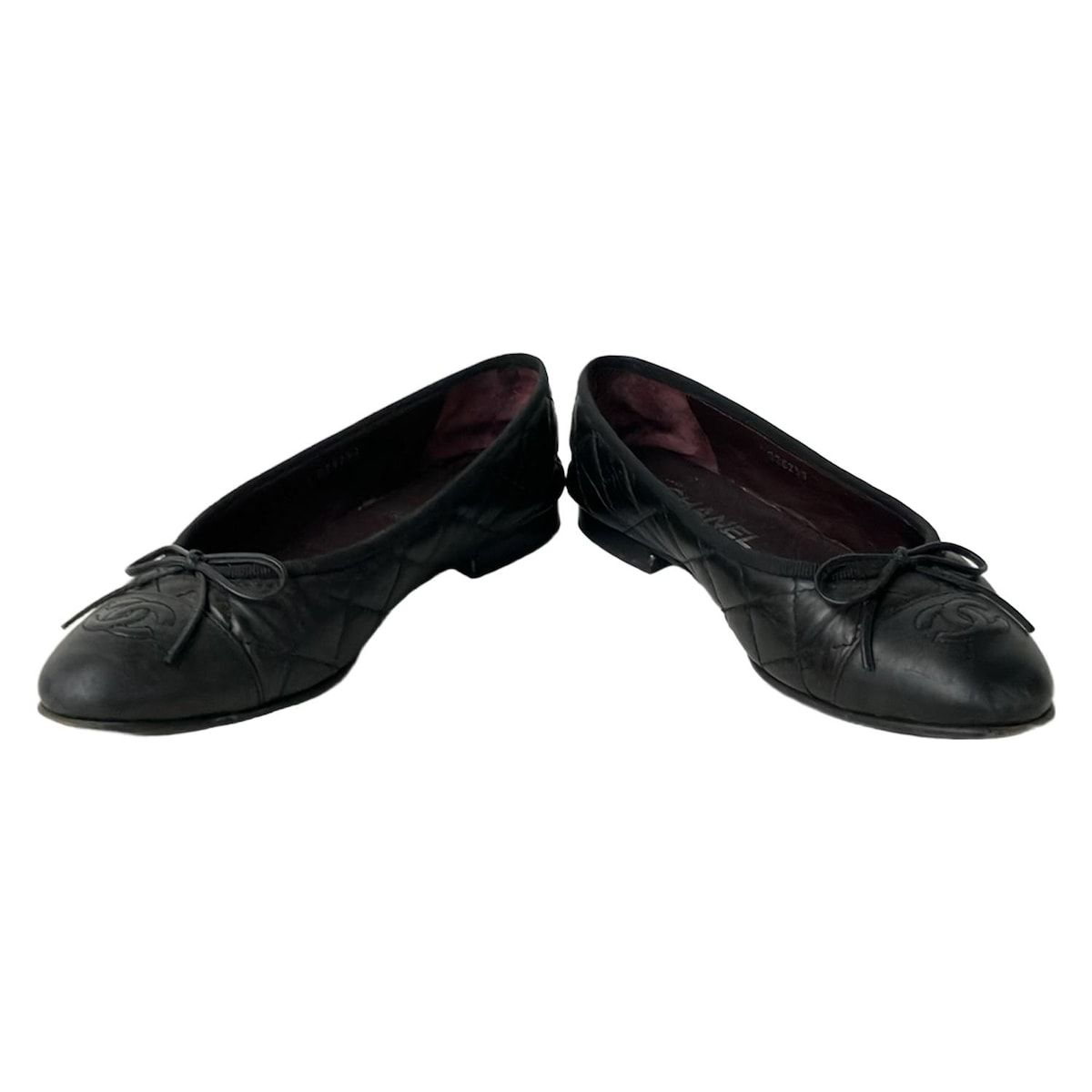 CHANEL シャネル フラットシューズ 36 1 2 レディース - G 26250 黒 リボン キルティング ココマーク レザー
