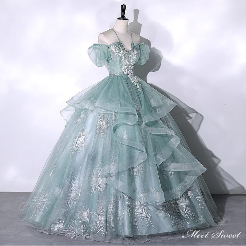 カラードレス 編み上げ グリーン 半袖 フリル ロングドレス 結婚式 二次会 発表会 演奏会 ウェディングドレス ウエディングドレス 花嫁 前撮り プリンセスドレス イブニングドレス コンサート パーティードレス