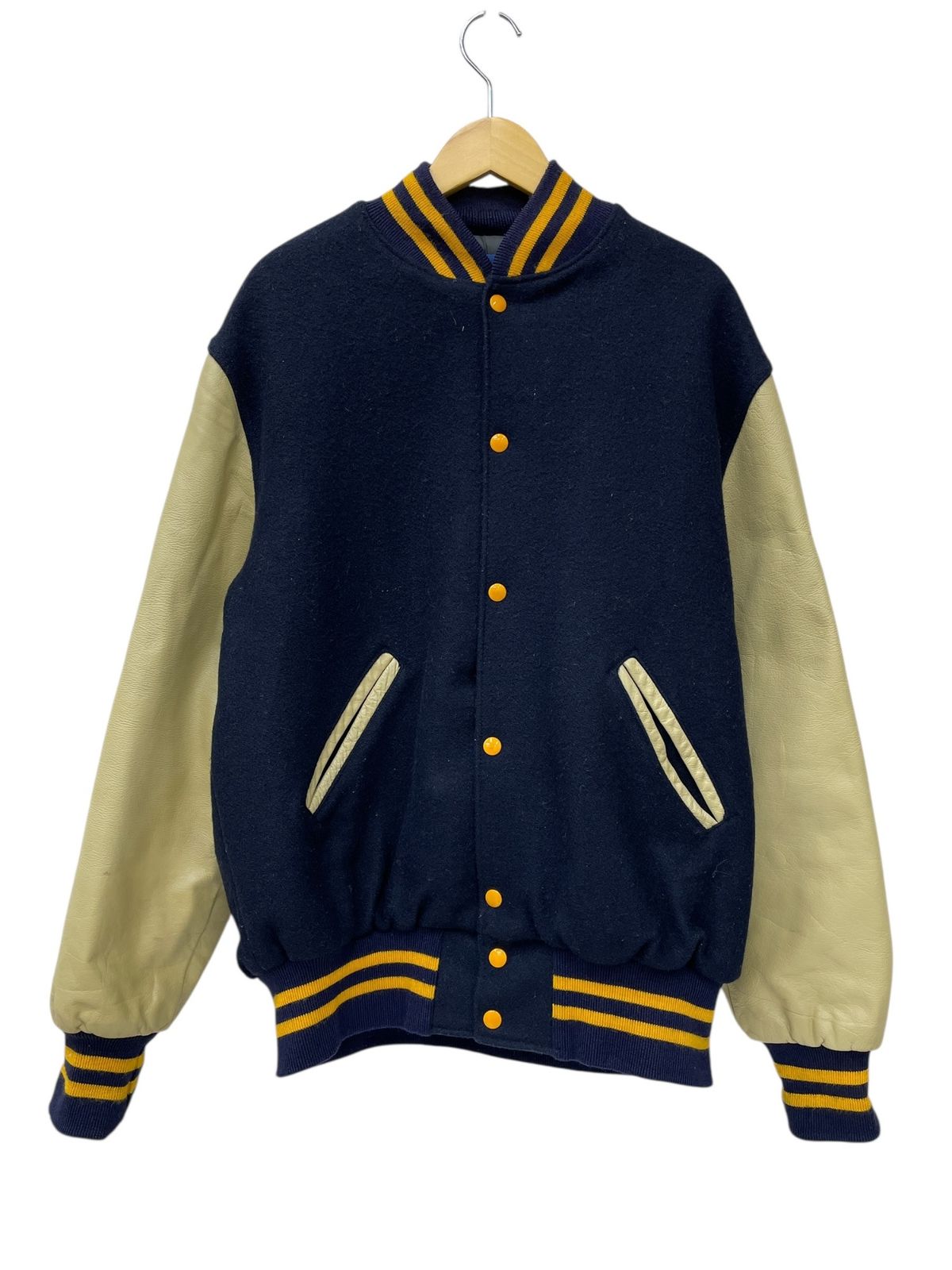 HOLLOWAY (ホロウェイ) スタジャン アワードジャケット USA製 袖レザー 90s 古着 L ネイビー×ベージュ メンズ/045