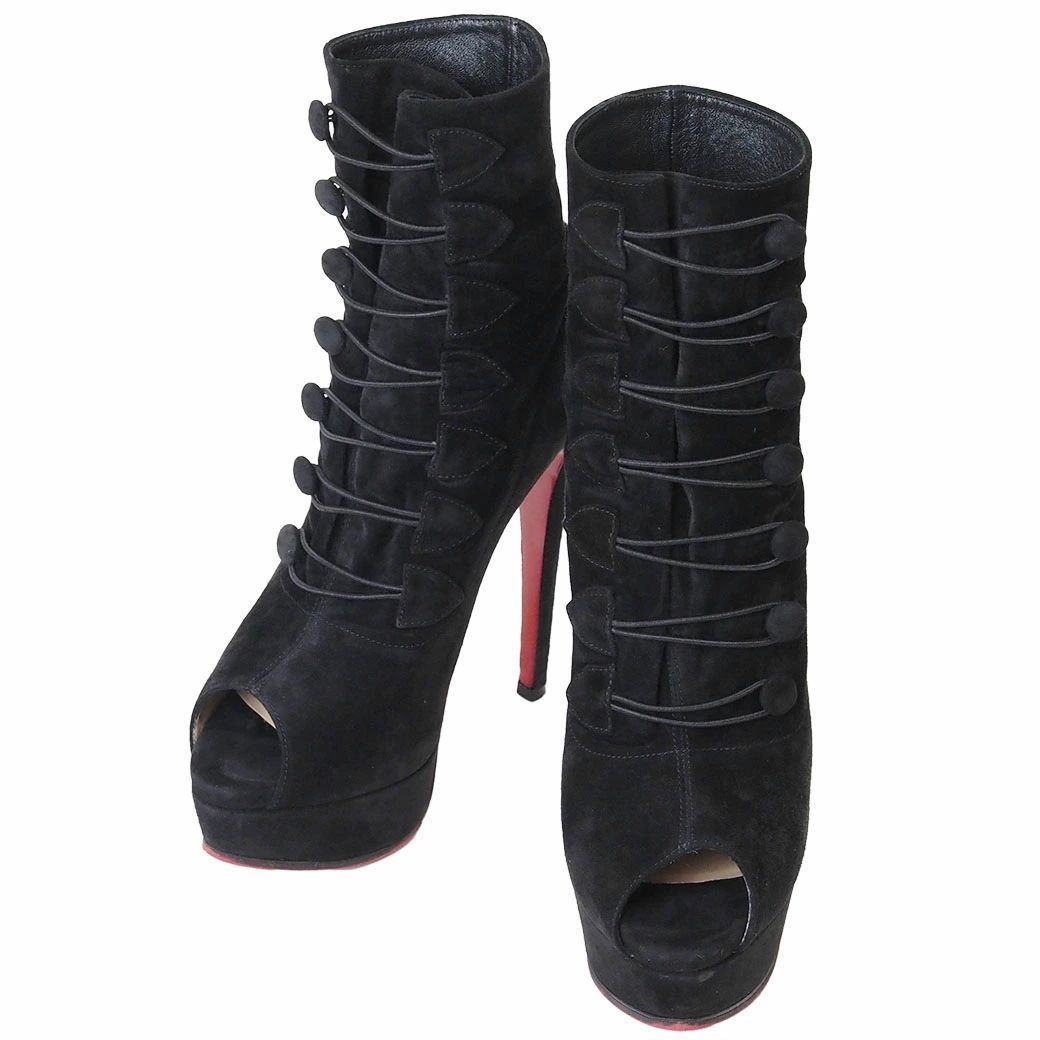 Christian Louboutin クリスチャンルブタン アンクルブーツ オープントゥ スエード プラットフォーム ボタン ブーツサンダル ブラック レディース 35 22 cm位 黒 レースアップ