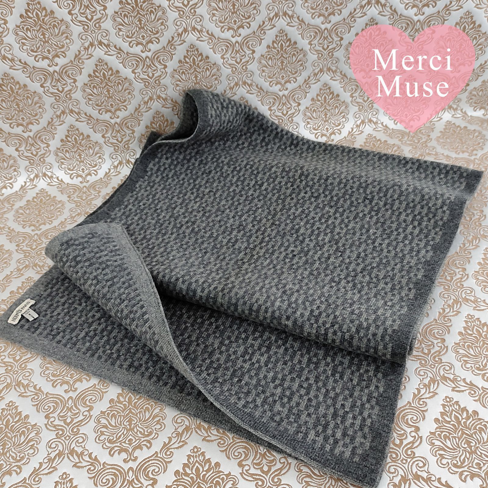 ❤お得なお品❤クリーニング済 H柄 カシミヤマフラー ライトグレーx