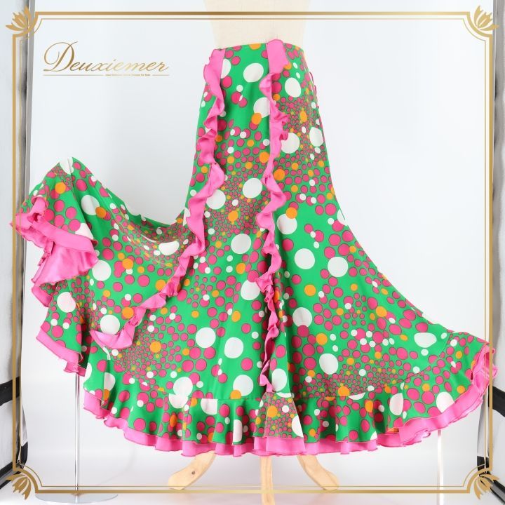 フラメンコ 衣装 ソニアジョーンズ SONIA JOHNES ファルダ スカート 緑 ピンク 水玉 ドット フリル ボランテ 軽い ダンス 発表会 グリーン系 ピンク系 フラメンコスカート ダンス衣装 軽やか ボリューム ペチコート おしゃれ パーティ