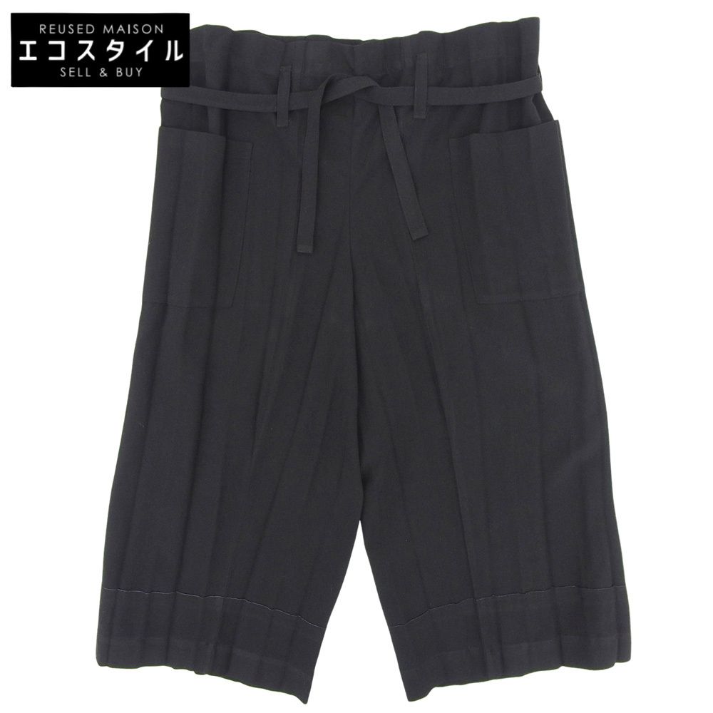 ミーイッセイミヤケ プリーツ クロップドワイドパンツ カットオフ 黒 ブラック イッセイミヤケミーISSEY MIYAKE me プリーツサイドベルトクロップド