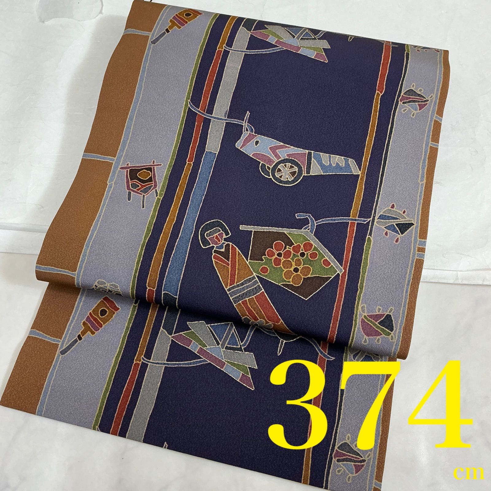 kimono one◆kimonoarisa◆♥同然◆九寸名古屋帯◆縮緬◆正絹◆長尺◆374㎝◆着物帯小紋普段着名古屋帯