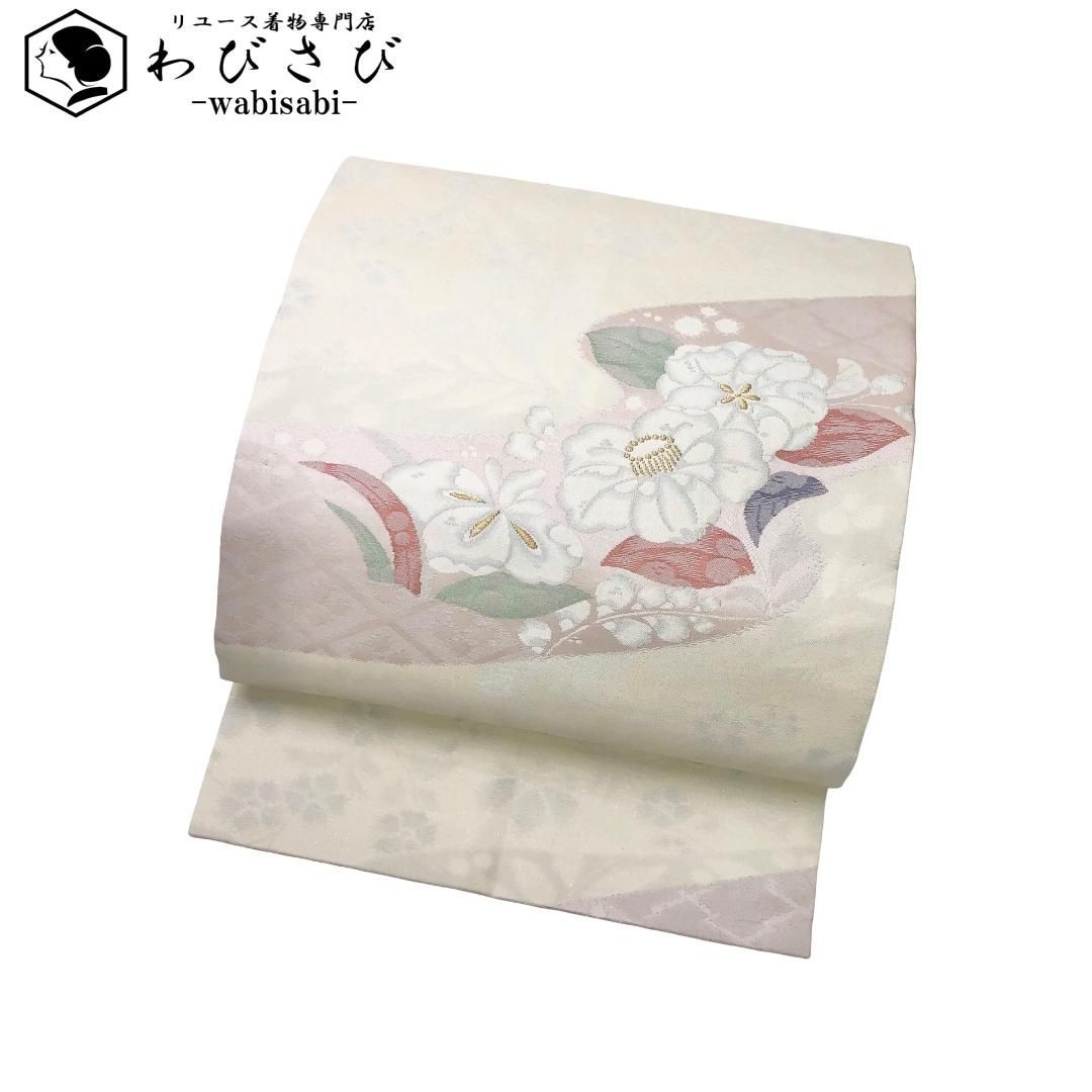 名古屋帯 美しい椿の花模様 金糸 乳白色 O-5817