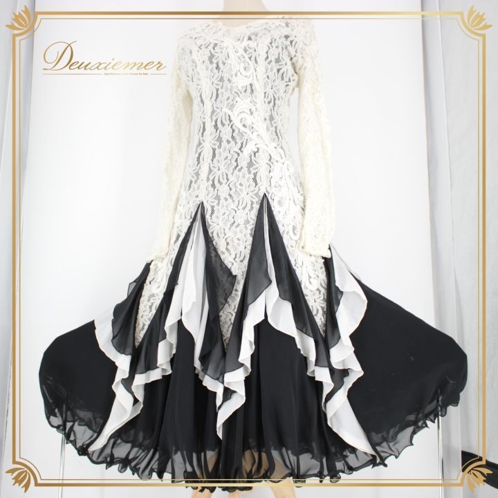 社交ダンス 衣装 ドレス ワンピース レッスンウェア パーティ衣装 オールシーズン 白 黒 ホワイト系 ブラック系 大人っぽい 長袖 レース素材 洗練された シック おしゃれ 上品 フォーマル カジュアル スタイル 結婚式 バッグ スカート