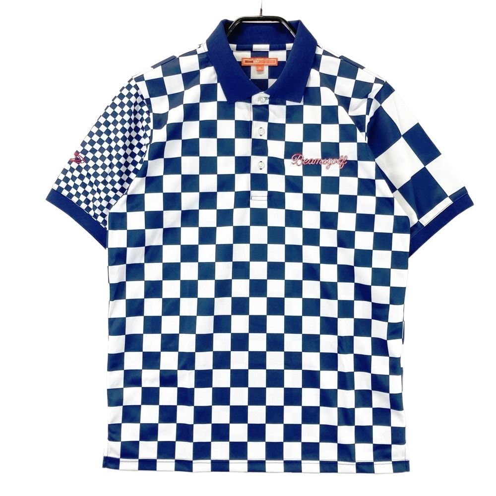サイズ M BEAMS GOLF ビームスゴルフ 半袖ポロシャツ チェック柄 ネイビー系 ゴルフウェア メンズ ストスト