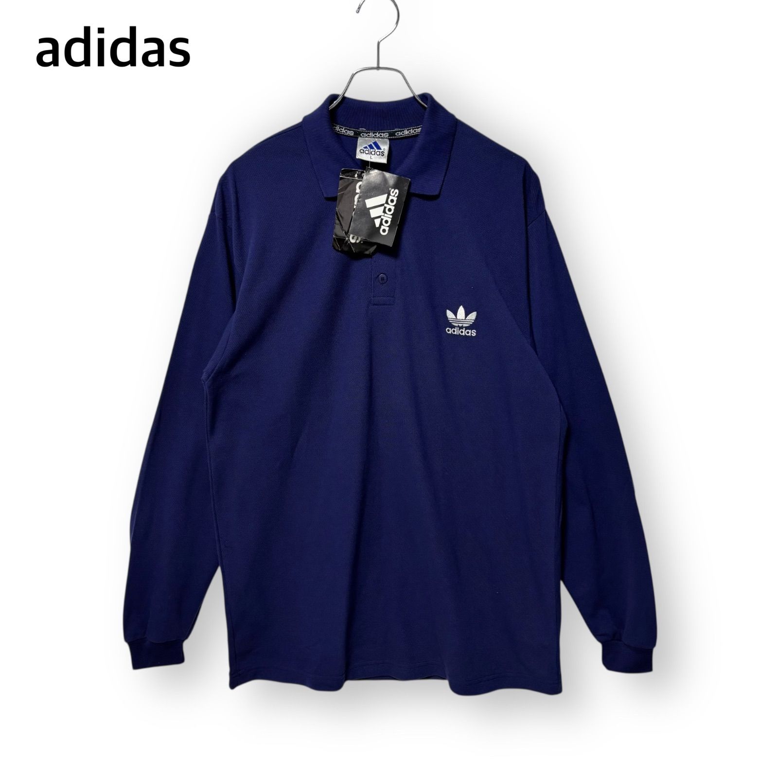 アディダス イクイプメント adidas equipment 長袖ポロシャツ メンズ 鹿の子 ワンポイント刺繍 トレフォイル ネイビー 大きいサイズ