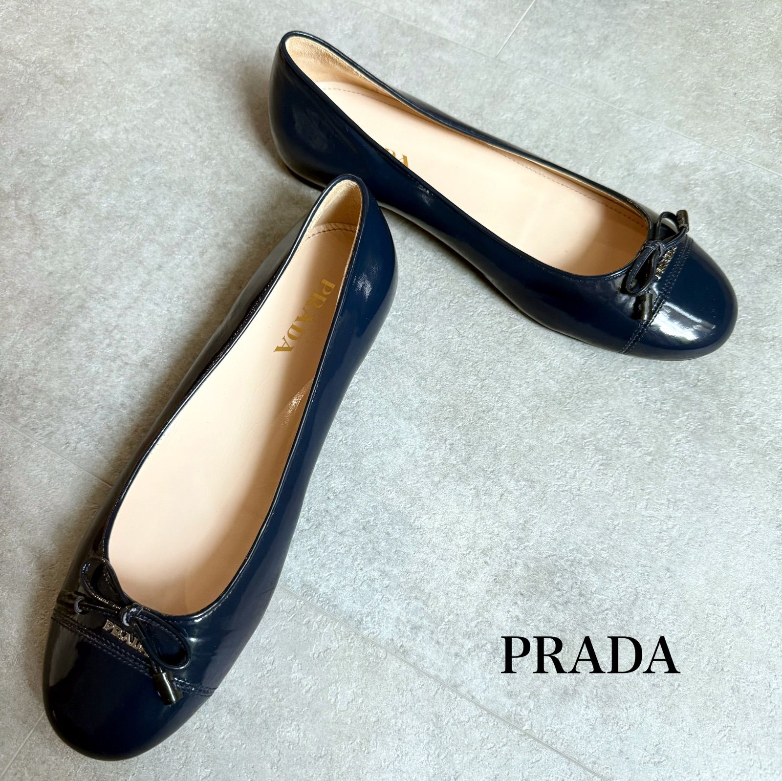 PRADA プラダ ロゴリボンバレエシューズ ネイビー パテントレザー 37 1