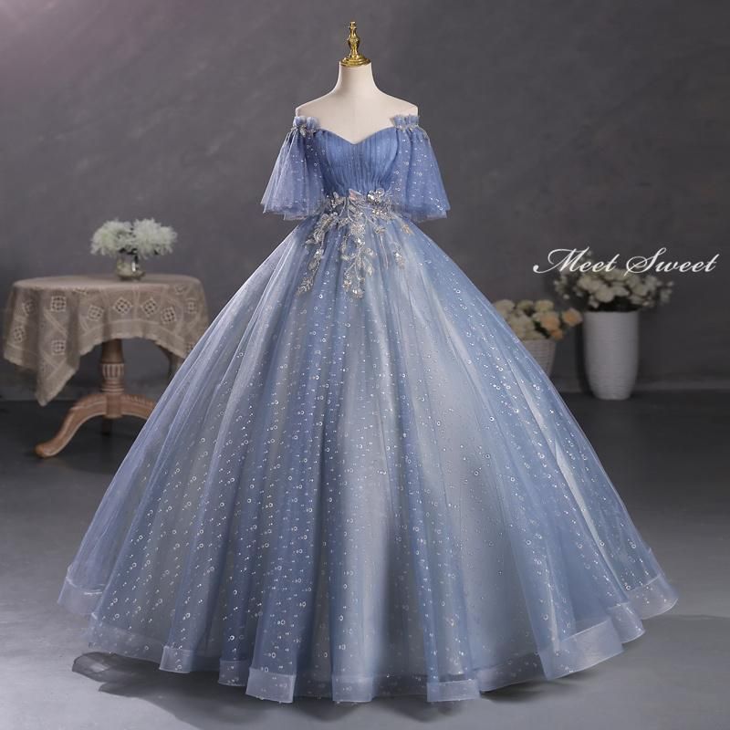 ドレス 編み上げ ブルー ベルスリーブ ロングドレス 結婚式 二次会 発表会 演奏会 ウェディングドレス ウエディングドレス 花嫁 前撮り プリンセスドレス イブニングドレス コンサート パーティードレス