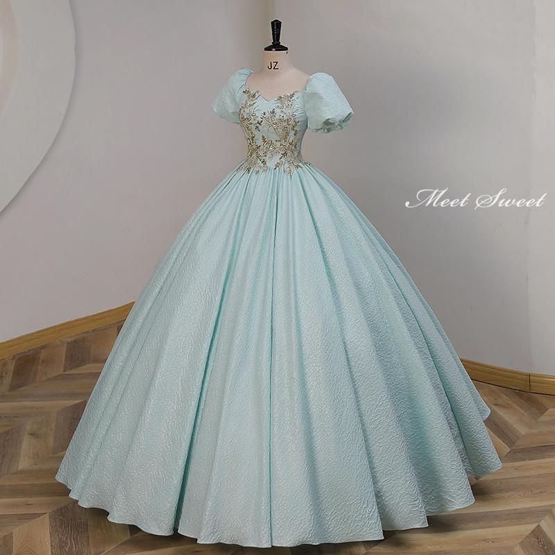 ドレス 編み上げ グリーン 水色 半袖 ロングドレス 結婚式 二次会 発表会 演奏会 ウェディングドレス ウエディングドレス 花嫁 前撮り プリンセスドレス イブニングドレス コンサート パーティードレス