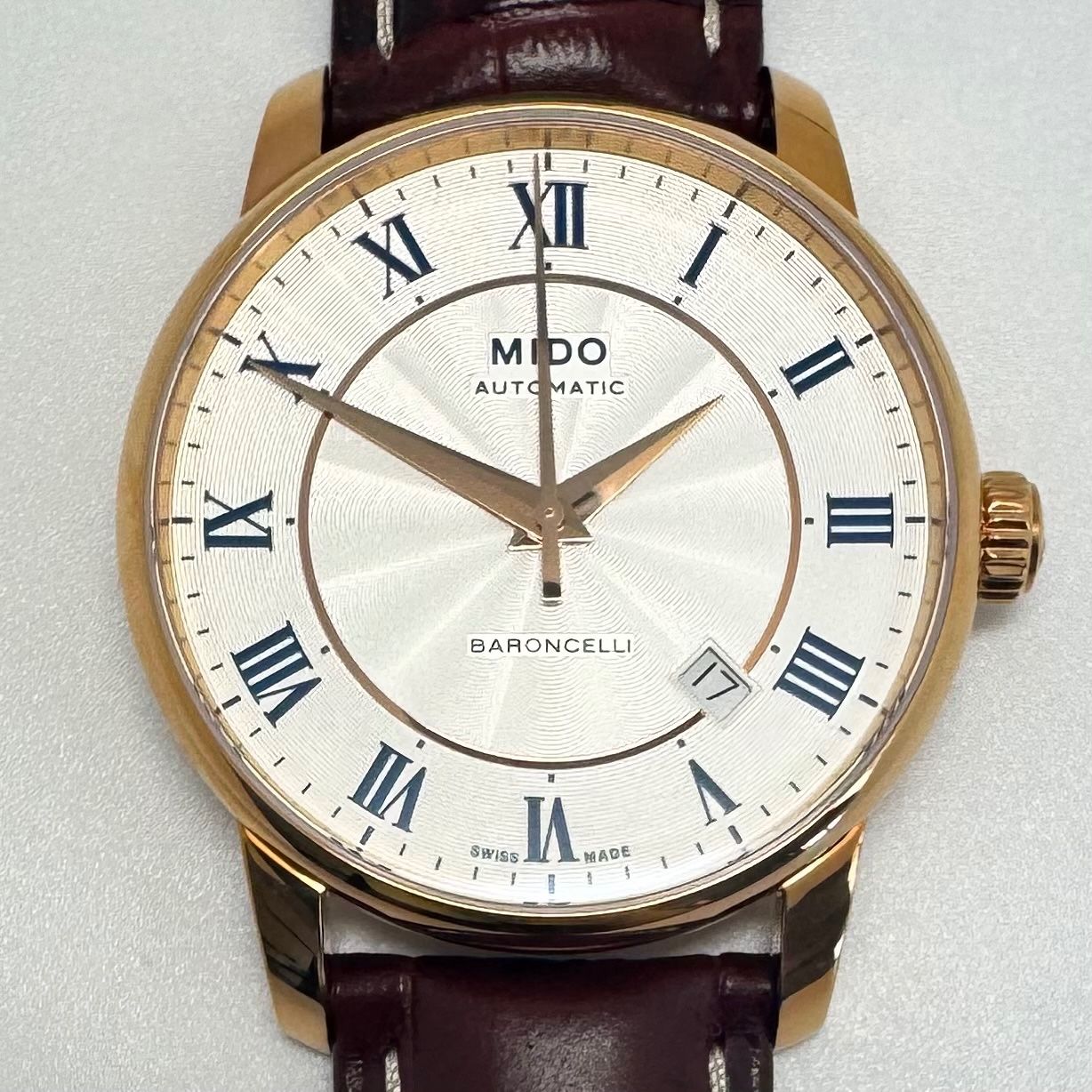 動作良好 腕時計 メンズ ミドー MIDO バロンチェッリ M 8600.2.21.8 自動巻 デイト表示 裏スケ シルバー 革ベルト