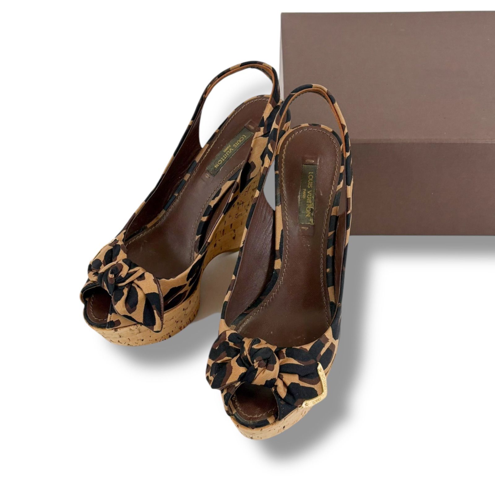 ルイヴィトン LOUIS VUITTON レオパード ヴェッジソール サンダル ハイヒール リボン 36