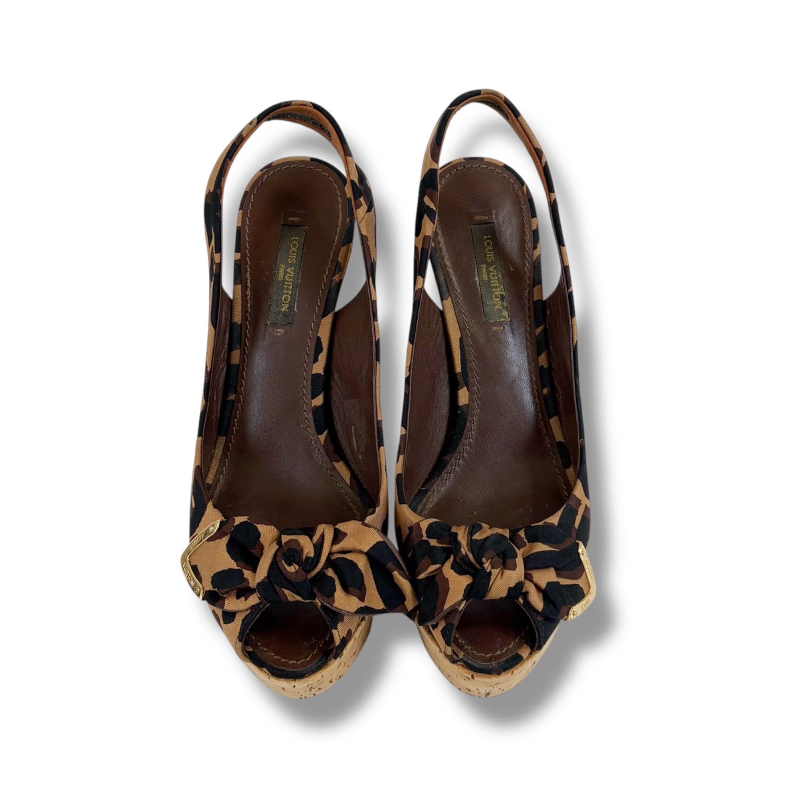 ルイヴィトン LOUIS VUITTON レオパード ヴェッジソール サンダル ハイヒール リボン 36