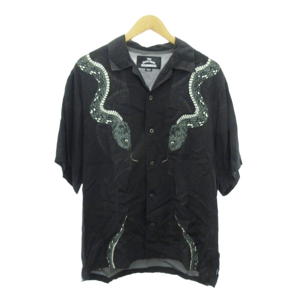 【中古】ネイバーフッド NEIGHBORHOOD × The great frog アロハシャツ オープンカラー ヘビ柄 半袖 黒 ブラック M ネイバーフッド NEIGHBORHOOD × The great frog アロハシャツ オープン