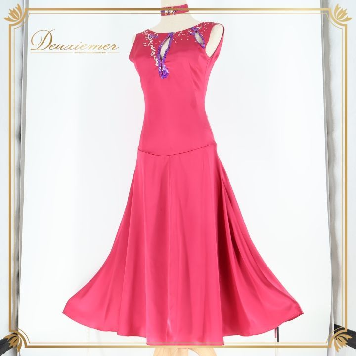 社交ダンス 衣装 ワンピース ドレス 光沢 無地 軽い 薄い パーティ 発表会 パーティドレス かわいい 感 ピンク系 エレガント フェミニン おしゃれ ダンス衣装 上品 ステージ衣装 レディース