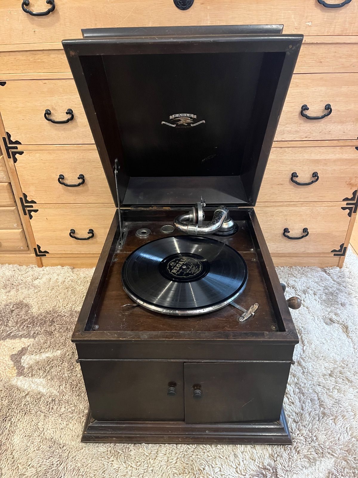 EAGLE 蓄音機 前扉スピーカー ポータブル置き型蓄音機 箱型蓄音機 アンティーク