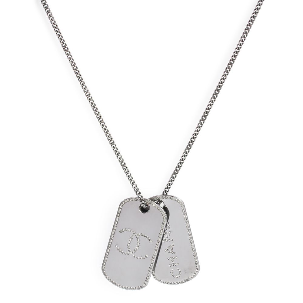 シャネル ロゴ ココマーク ドッグタグ ダブルプレート ペンダント ネックレス メタル ダークシルバー AB 3528 CHANEL