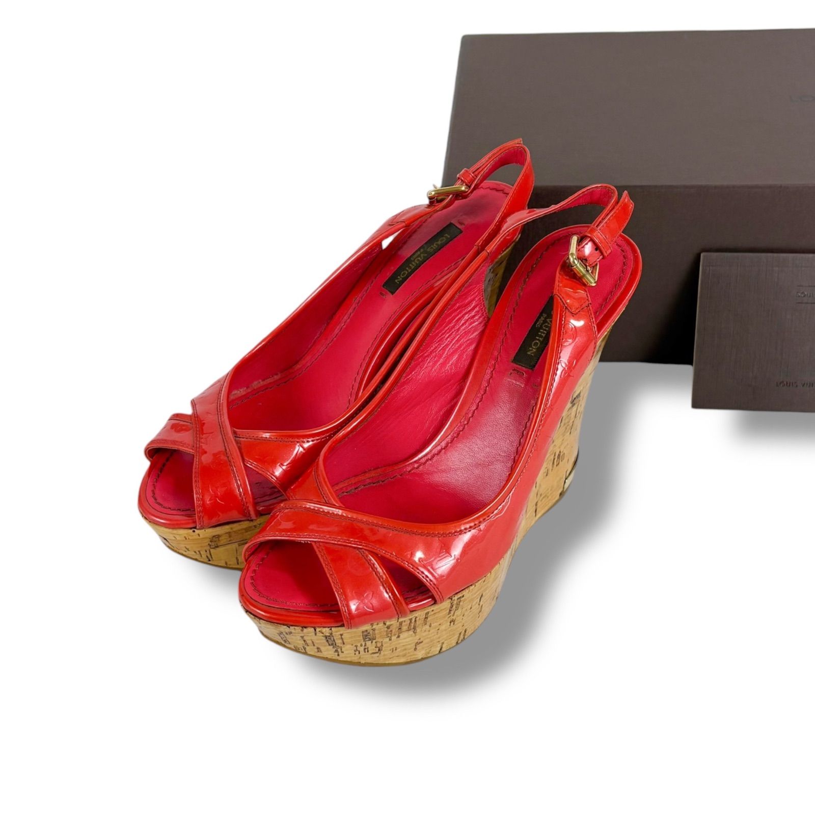 ルイヴィトン LOUIS VUITTON ヴェッジソール ハイヒール サンダル モノグラム柄 パテントレザー ピンク レッド