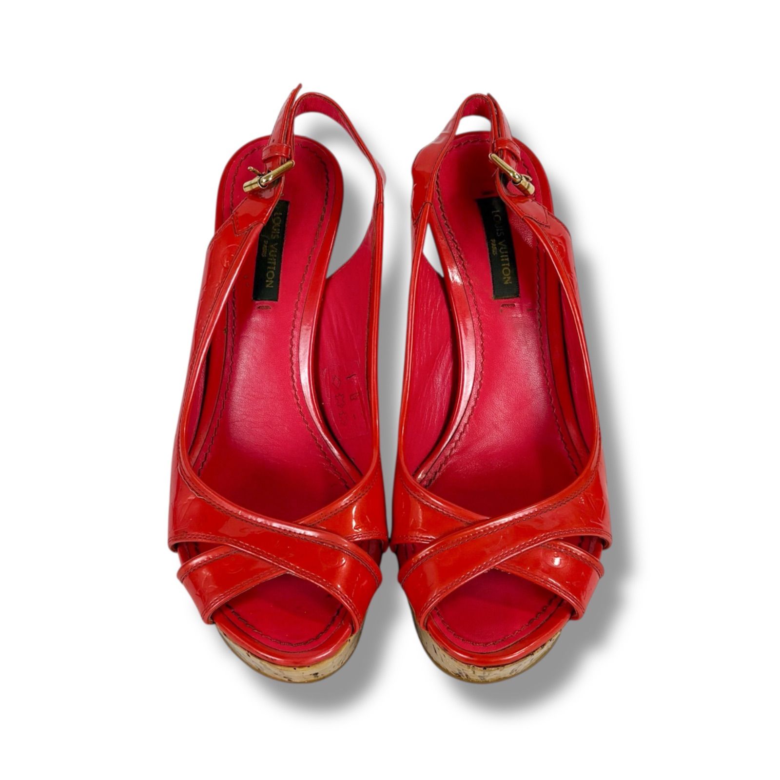 ルイヴィトン LOUIS VUITTON ヴェッジソール ハイヒール サンダル モノグラム柄 パテントレザー ピンク レッド