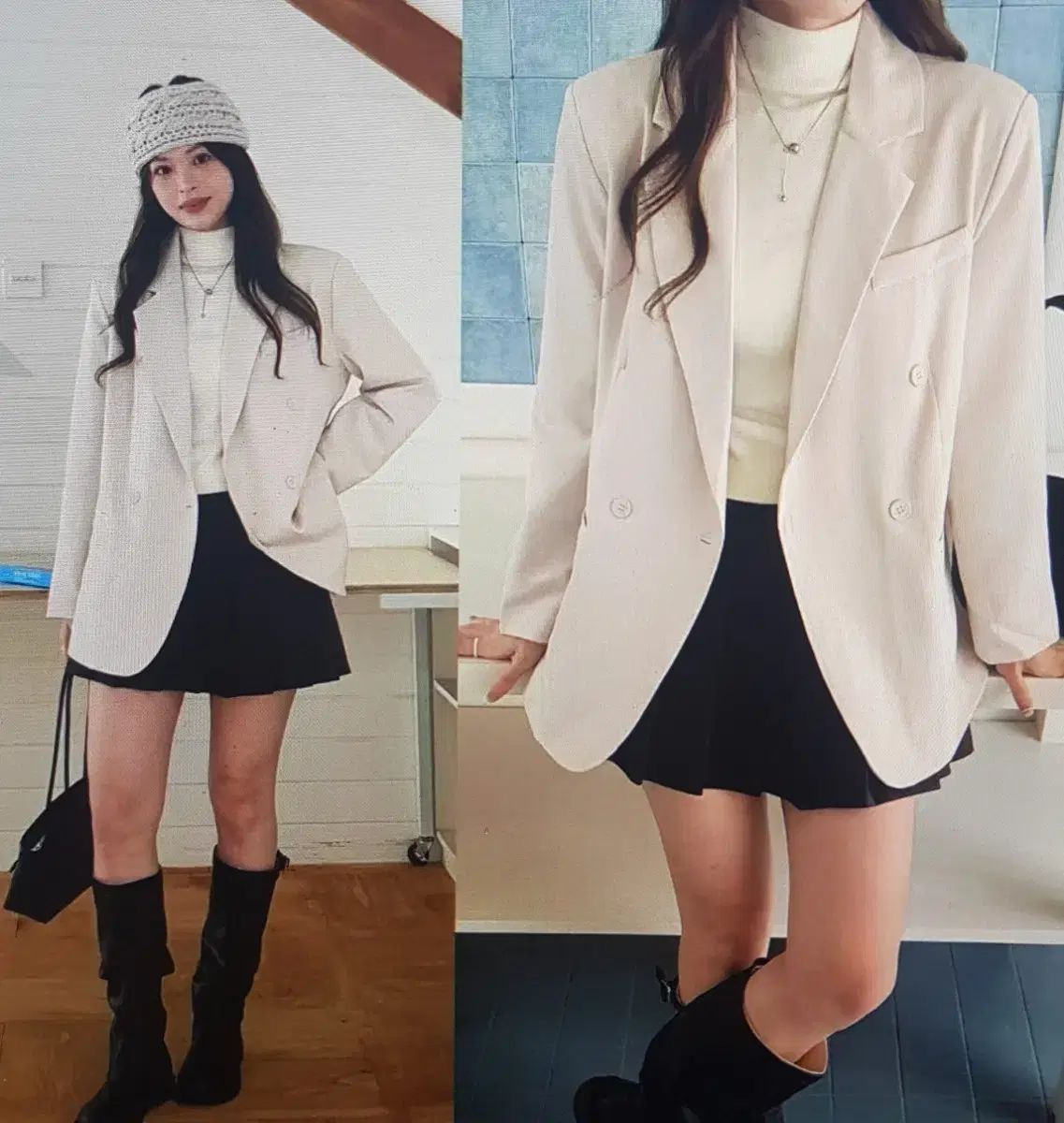 海外配送 アイボリー ブラウン ダブルボタン ジャケット