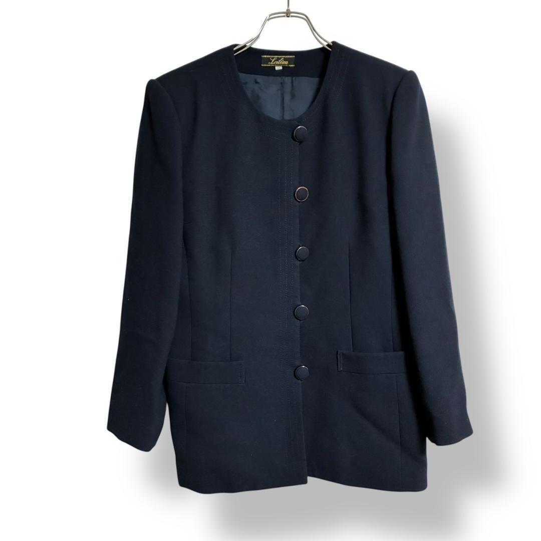 Leilian レリアン ノーカラージャケット コート ダークネイビー