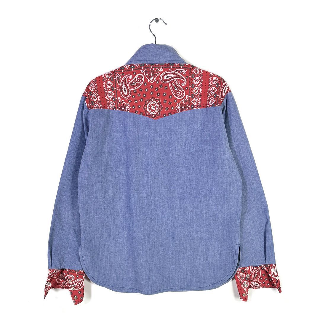 90 s シャンブレー × バンダナ ウエスタンシャツ 紺赤 サイズM相当 古着 CA 1502