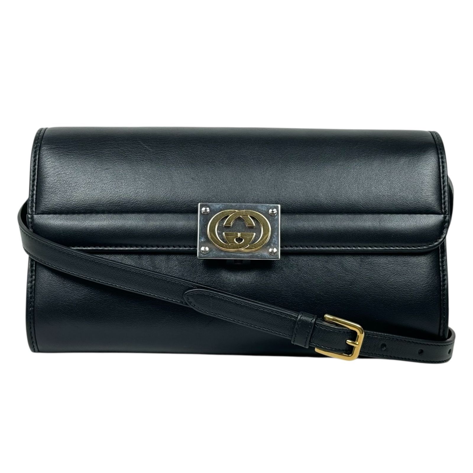 『美品』グッチ　ショルダーバッグ　インターロッキング　ゴールド金具　レザー　紺系 希少✨GUCCI ショルダーバッグ レザー 紺 ゴールド金具 インターロッキング