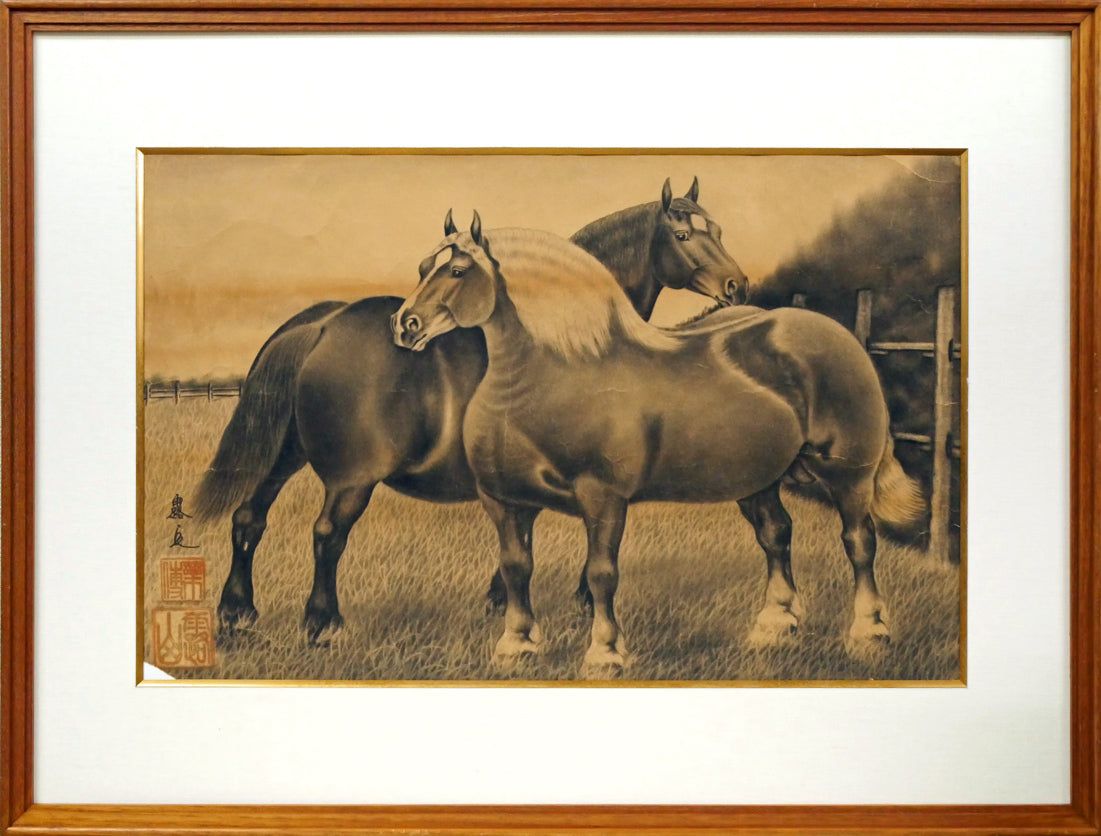 露山 畠中清喜 馬二頭 木炭画 水墨 10号大 謎の馬絵師 伝説の画家 ばんえい競馬 遺族所蔵作品 小竹美術