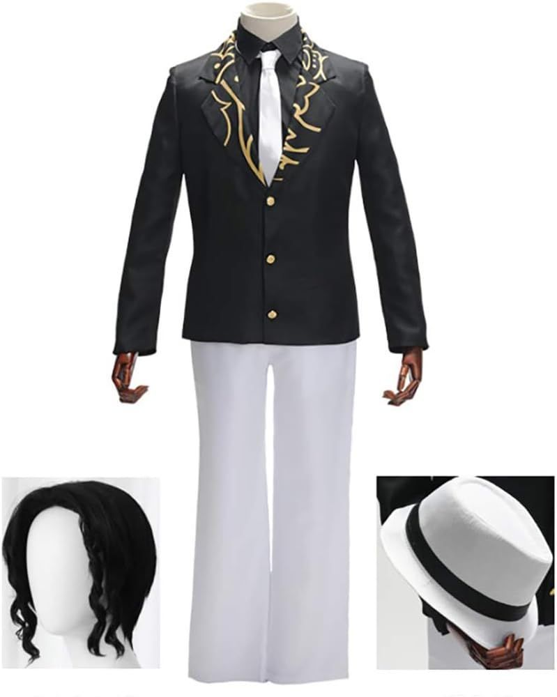 鬼舞辻無惨 コスプレ衣装6点セット ウィッグ付 帽子付 スーツセット 黒ワイシャツ 黒トップス 白ズボン 白ネクタイ コスチューム