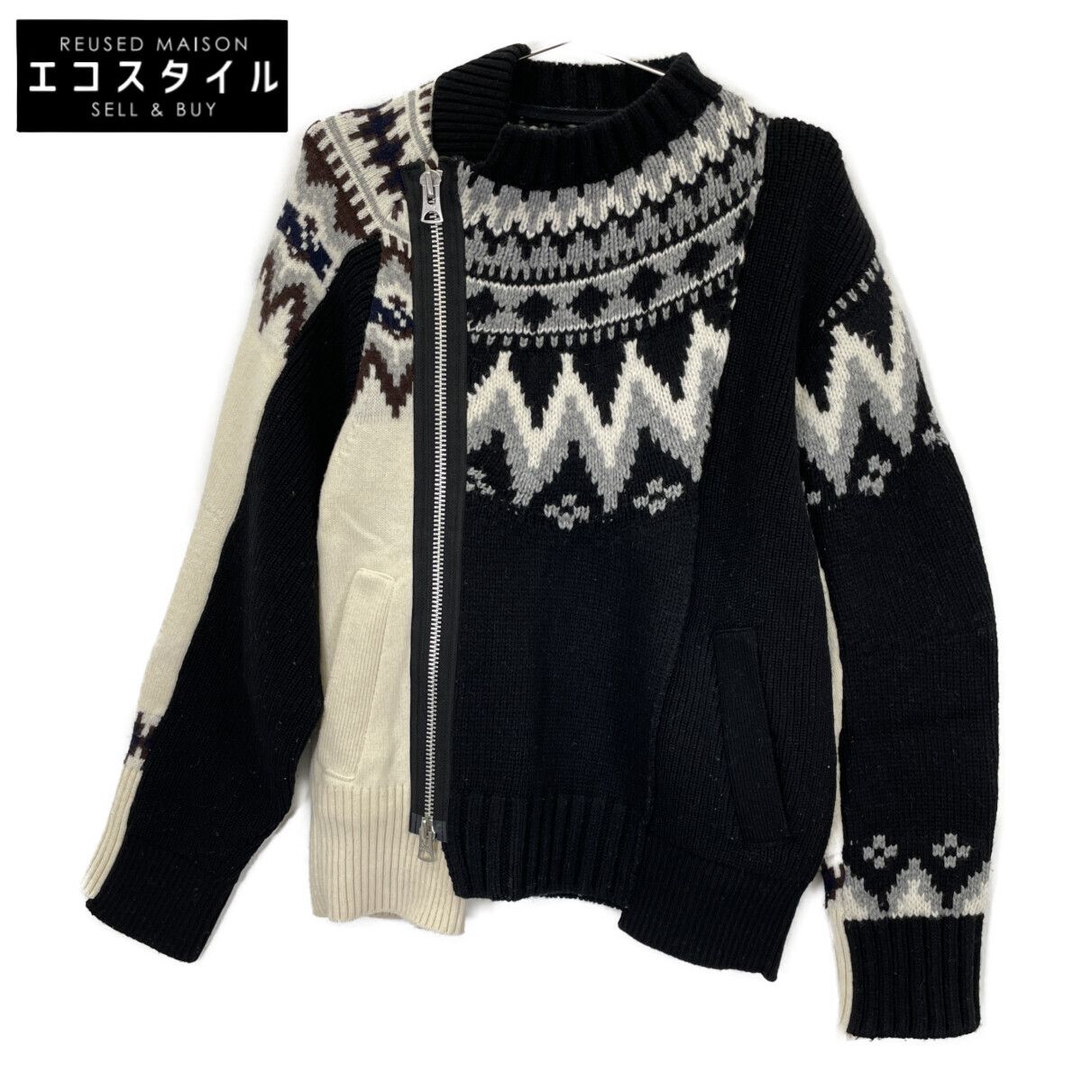 sacai サカイ 21-02776M ﾌﾞﾗｯｸ×ﾎﾜｲﾄ ﾗｲﾀﾞｰｽ ｼﾞｯﾌﾟ ﾆｯﾄ 1 - メルカリ