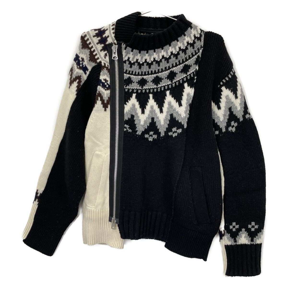 sacai サカイ 21-02776M ﾌﾞﾗｯｸ×ﾎﾜｲﾄ ﾗｲﾀﾞｰｽ ｼﾞｯﾌﾟ ﾆｯﾄ 1 - メルカリ