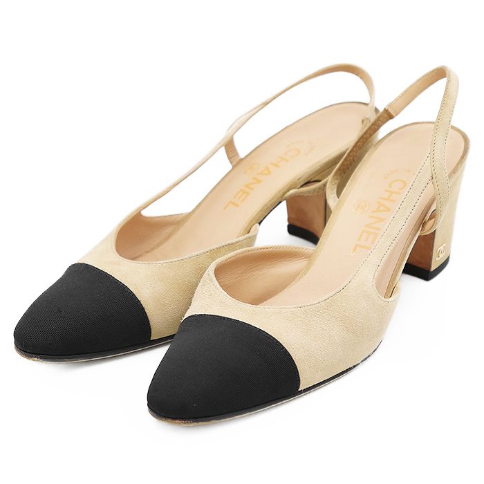 CHANEL シャネル スリングバックパンプス G 31318 ヌバックスウェード ＆ グログラン シグネチャー ロゴ COCOマーク ゴールドチャーム チャンキーヒール バイ シューズ 革靴 レディース サイズ 39 サンドベージュ ブラック イタリア製