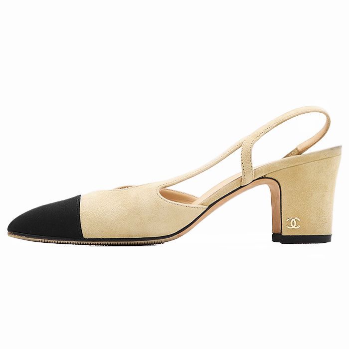 CHANEL シャネル スリングバックパンプス G 31318 ヌバックスウェード ＆ グログラン シグネチャー ロゴ COCOマーク ゴールドチャーム チャンキーヒール バイ シューズ 革靴 レディース サイズ 39 サンドベージュ ブラック イタリア製