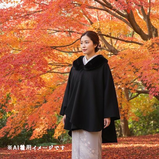 Yブラックファーポンチョ・ケープコート 新品・未使用 ケープ コート JAPAN MODE【ブラック】ファー ポンチョ