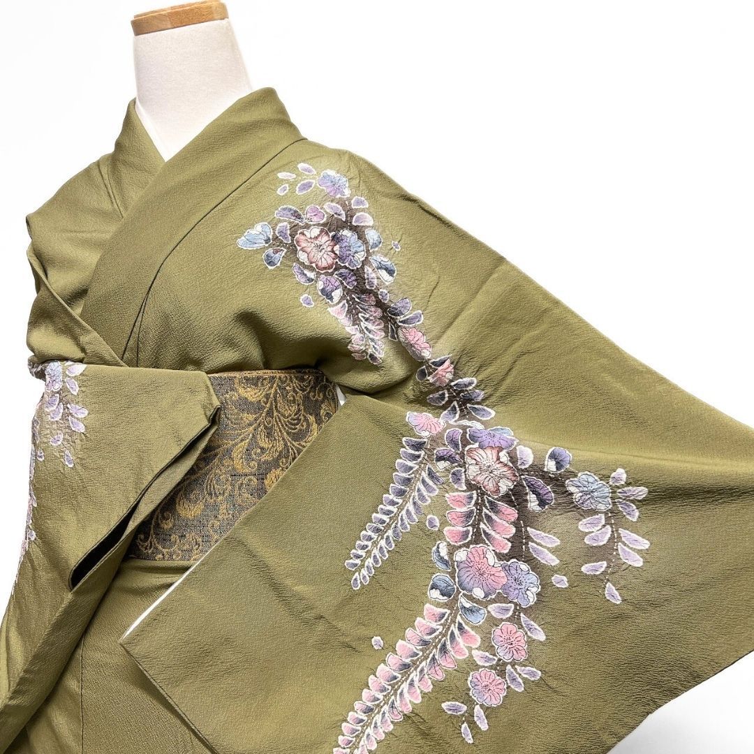 訪問着 絞り 辻ヶ花 藤の花 ぼかし 鶯色 着物 121 b p ms