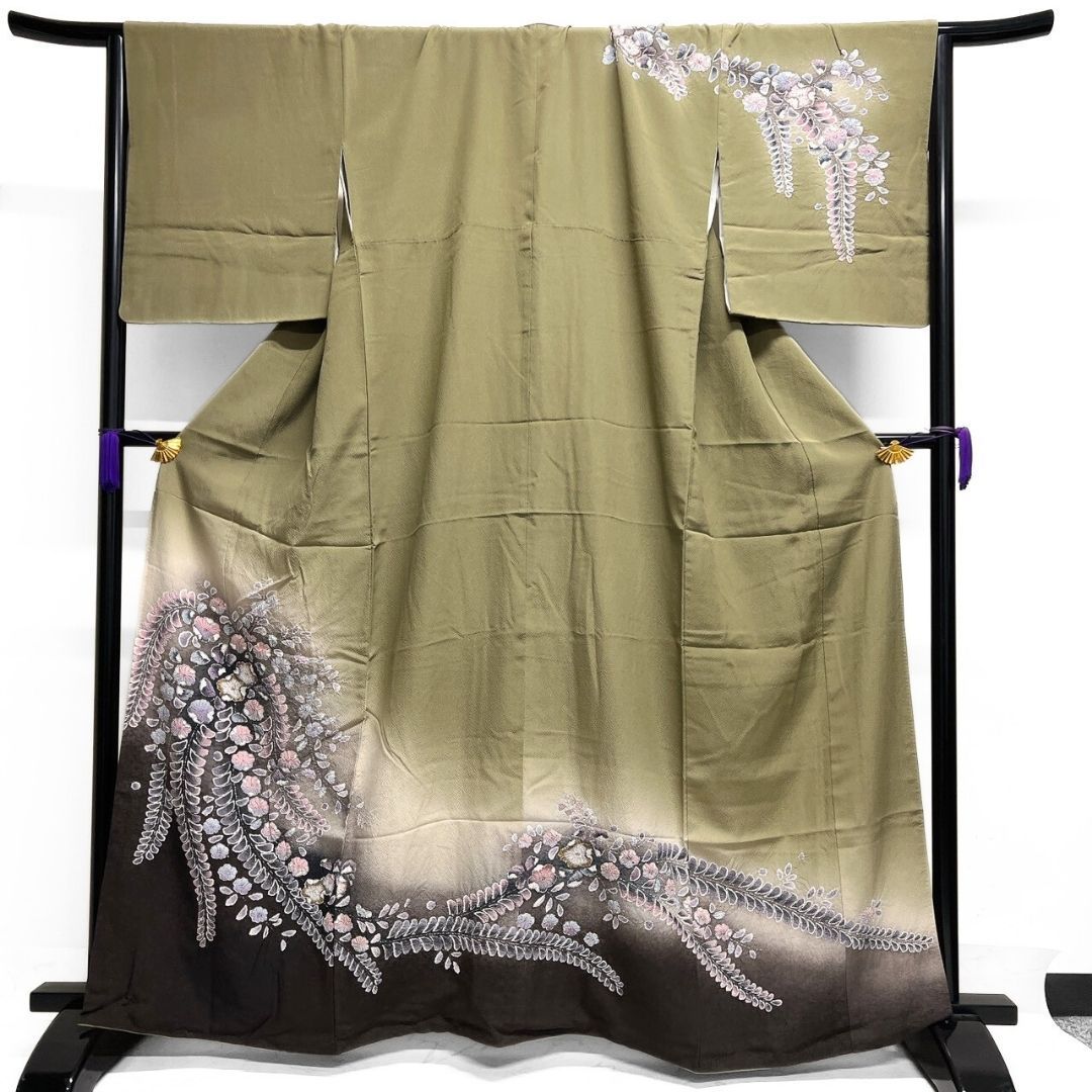 訪問着 絞り 辻ヶ花 藤の花 ぼかし 鶯色 着物 121 b p ms