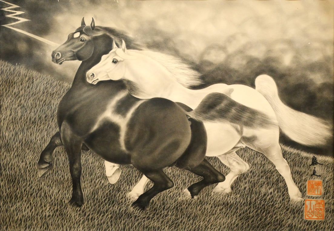 露山（畠中清喜）「二頭の馬」木炭画・水墨・20号大 謎の馬絵師 北海道