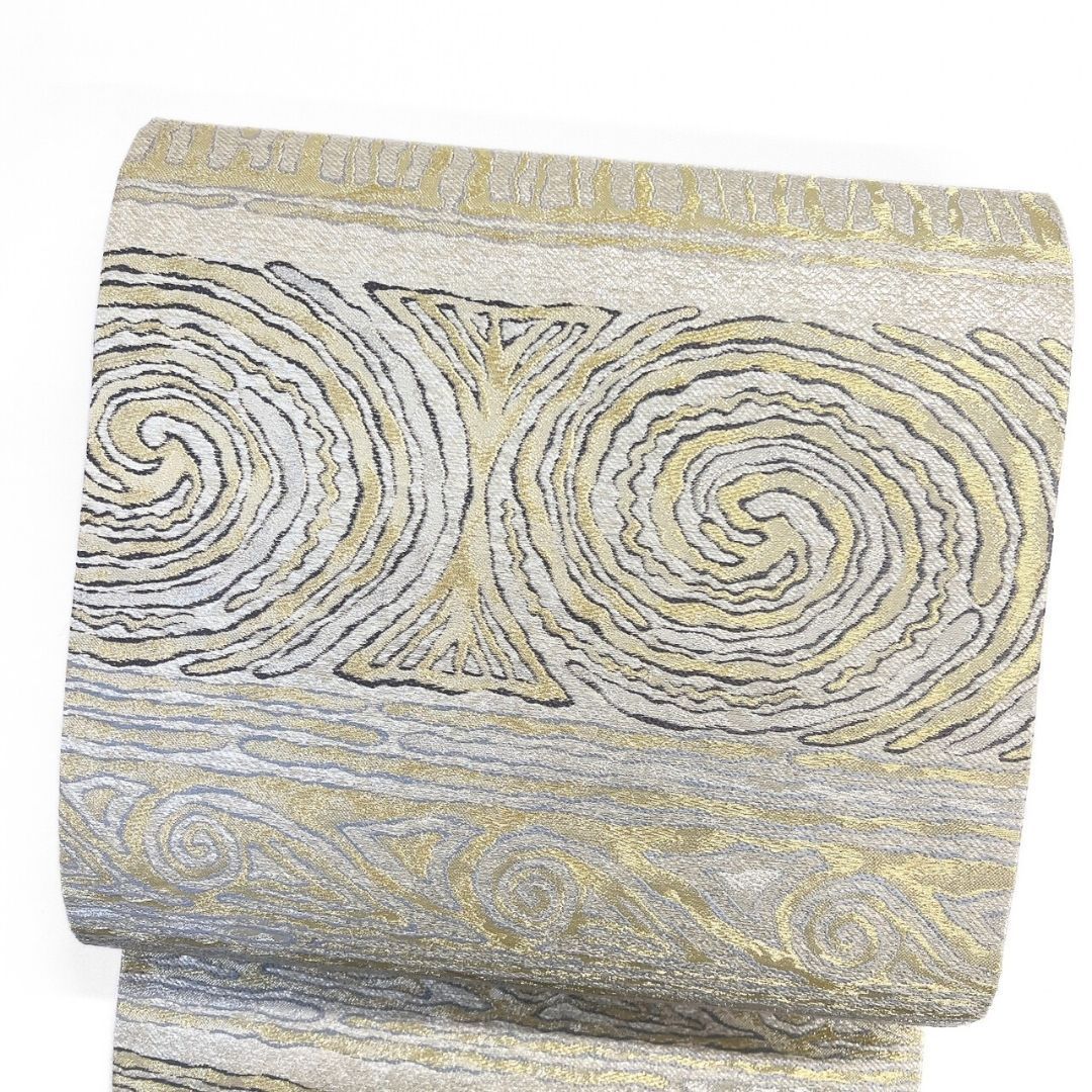袋帯 渦巻 横縞 抽象模様 金糸 銀糸 着物 121 b p ms