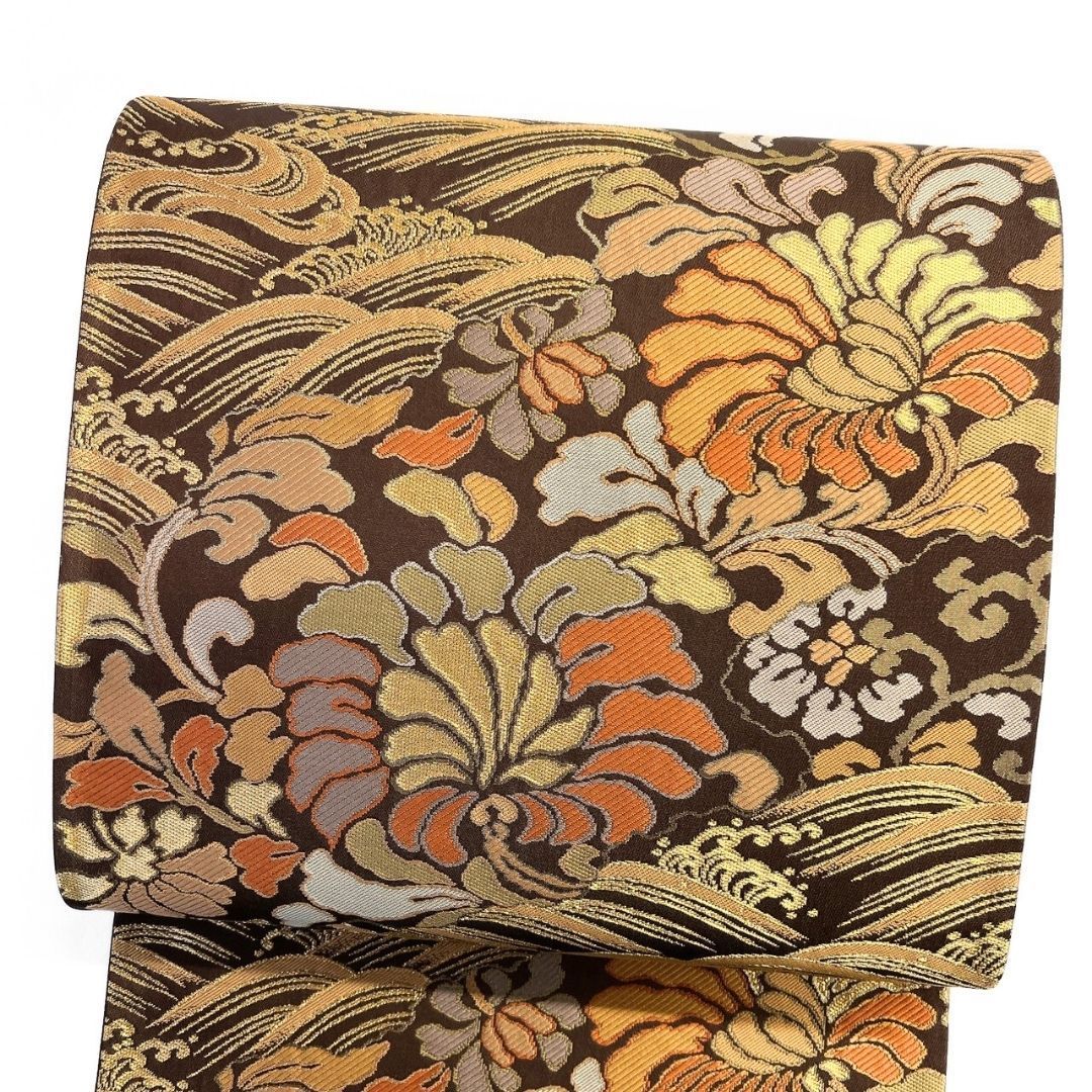 未着用　全通　袋帯　名物裂取文様　縦縞　唐花模様　金糸　着物　053a p 未着用 全通 袋帯 名物裂取文様 縦縞 唐花模様 金糸 着物 053a p