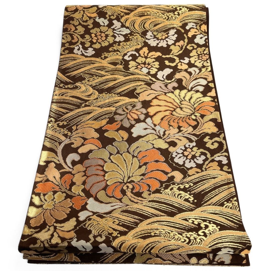 袋帯 唐花模様 波模様 チョコレートカラー 金糸 着物 121b p ms - メルカリ