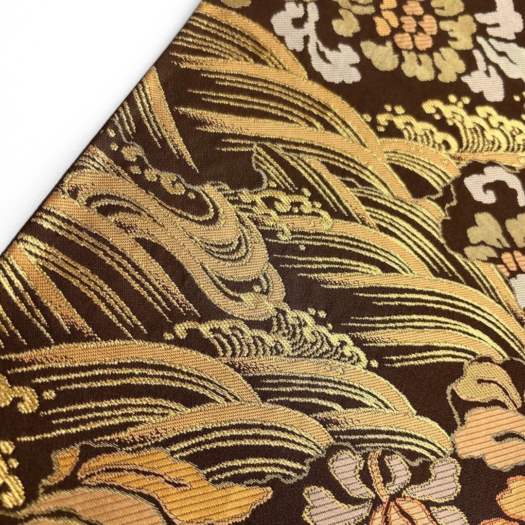 袋帯 唐花模様 波模様 チョコレートカラー 金糸 着物 121b p ms - メルカリ